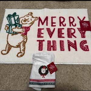 Brand New Winnie the Pooh Holiday Bath Rug & set of 2 matching hand towels.
